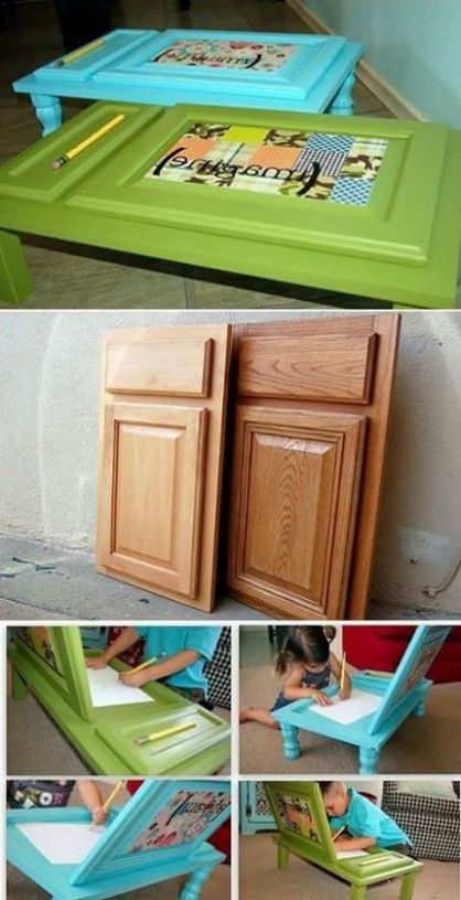 DIY children desk made from cupboard door. Diy Cupboard Doors, Diy Cupboard, Door Repurposed, Children Desk, Diy Cupboards, Children's Furniture, Kid Desk, Diy Holz, Repurposed Items