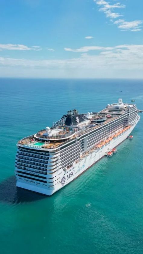 Aerial view of an MSC cruis ship. Pomene Mozambique, Holiday Manifestation, Spring Break Cruise, Summer Cruise, How To Book A Cruise, Msc Cruises, Spa Interior, Visual Board, Ocean Sounds