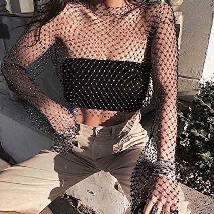 Fishnet Crop Tops, Fishnet Top, Rhinestone Top, Club Tops, Fishing Women, Crystal Diamond, Summer Crop Tops, Cropped Tops, Mesh Long Sleeve