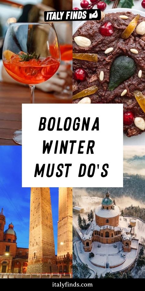 Bologna Winter Must Do's: Aperitif, festive dessert, historic towers, scenic winter view. Bologna Italy Things To Do, Bologna Travel Guide, Things To Do In Bologna Italy, Tortellini In Brodo, Things To Do In Winter, Italy Winter, Handmade Pasta, Italian Espresso, Bologna Italy