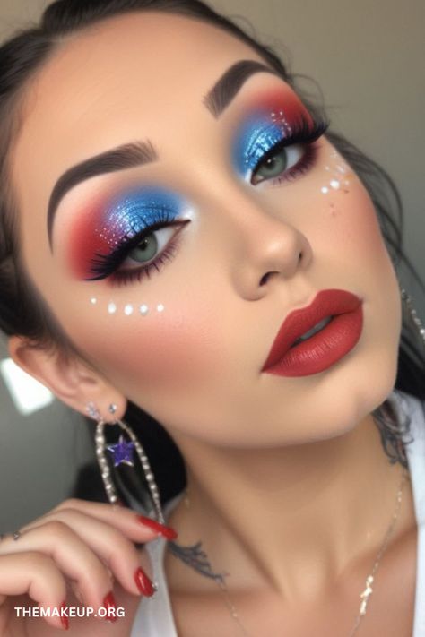 Sparkle and Shine: 4th of July Makeup Looks Ideas Patriotic Makeup Eye, 4th Of July Makeup Looks, Patriotic Makeup, Makeup Looks Ideas, July Makeup, 4th Of July Makeup, Evening Eye Makeup, Pretty Eye Makeup, Holiday Makeup Looks