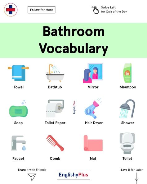 Englishy ➕ | Learn English on Instagram: “In this post, we learn some of the common bathroom-related words in English! Which one is new to you?! 😃 🔸 Don't forget to answer the…” Common Bathroom, English Help, English Learning Books, Learning Books, Toilet Room, Esl Teaching, English Learning, Curriculum Vitae, New You