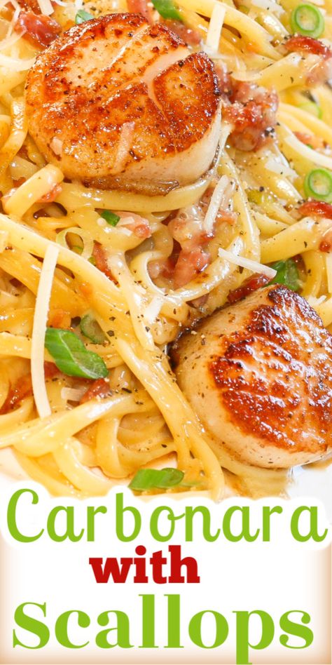 Scallop Recipes Pasta, Easy Scallop Recipes, Scallop Pasta, Pan Seared Scallops, Delicious Seafood Recipes, Seared Scallops, Pasta Carbonara, Carbonara Pasta, Scallop Recipes