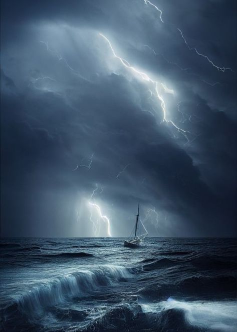 Lightning Storm Over Ocean, Ship On Stormy Sea Painting, Boat Ocean Aesthetic, Storms At Sea, Sea Storm Aesthetic, Boat In Storm, Boat In A Storm, Ocean Projects, Ocean Storm