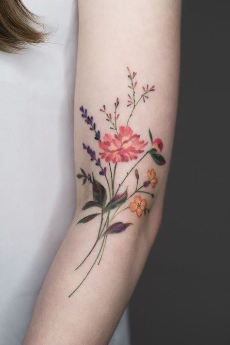 28 Gorgeous Wildflower Tattoos For Free Spirits Tattoo Planets, Colorful Flower Tattoo, Tattoo Dotwork, Wildflower Tattoo, Shape Tattoo, Small Flower Tattoos, Disney Tattoo, Art Tattoos, Pattern Tattoo