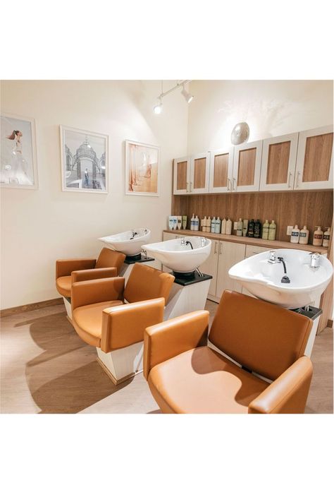 Hair Wash Station Salon, Salon Hair Washing Station, Wash Station Salon, Shampoo Chairs Salon, Salon Washing Station Ideas, Brown Salon Chairs, Hair Salon Wash Station, Salon Wash Station, Salon Chairs Ideas