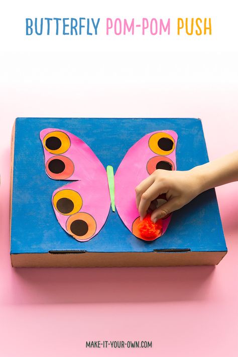 Make this playful fine motor activity for your child reusing a cardboard box!  This simple idea allows children to practise colour matching as well.   #pompoms #finemotorskills #finemotorskillactivity #recycledcraft #reusecraft #butterflycraft #butterflycrafts #kidscrafts #diy #homeschool #homeschooling #colourmatching #colormatching #preschool #kindergarten #math #preschoolmath #kindergartenmath #playschool #finemotordevelopment #kidscraft #craftinstructions #springcraft #pompomcraft #handmade Spring Toddler Crafts, Shamrock Art, Reuse Crafts, Spring Flower Crafts, Cardboard Crafts Kids, Craft Instructions For Kids, Easy Toddler Crafts, Experiments Kids, Fine Motor Activity