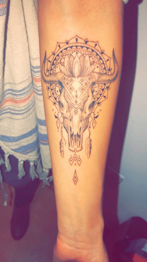 bull skull mandala tattoo Skull Mandala Tattoo, Mandala Arm Tattoo, Native American Tattoo Designs, Bull Skull Tattoos, Bull Tattoos, Taurus Tattoos, Forearm Sleeve Tattoos, Geniale Tattoos, American Tattoos