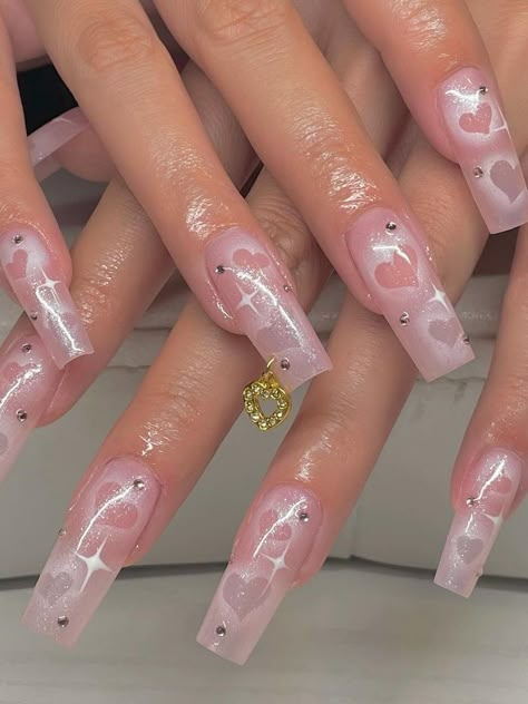 baby pink acrylic nails with heart cut out Valentines Nails Baddie, Chicano Nails Designs, Baddie Simple Nails, Chicano Nails, Y2k Aesthetic Nails, 23 Nails, Black Joy, Aesthetic Nail, Airbrush Nails