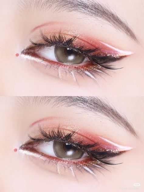 Cherry Blossom Makeup Look, Pink Grunge Makeup, Red And White Makeup, Doujin Makeup, Cherry Blossom Makeup, Teknik Makeup, Mekap Mata, Christmas Eye Makeup, Anime Eye Makeup