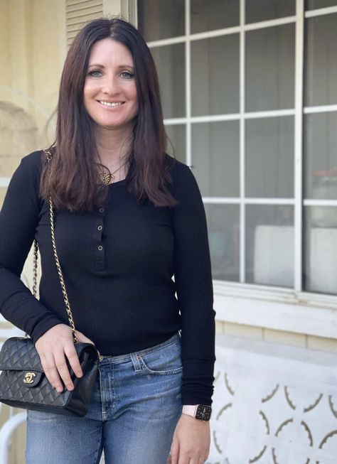 Blogger Candie Anderson is wearing a black thermal henley, denim jeans, a Chanel necklace and carrying a black classic flap bag. Winter Casual Outfit, Holiday Party Outfits, Warm Coats, Black Jogger Pants, Winter Fashion Trends, Chanel Necklace, Classic Flap Bag, Distressed Denim Skirt, Fashion Must Haves