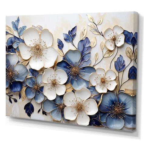 This beautiful "Blue And Gold Minimalism Violets " Canvas Art is printed using the highest quality fade resistant ink on canvas. Every one of our Floral Wall art is printed on premium quality cotton canvas. Wall Art Designs Living Room, Decorative Art Painting, Painting Craft Ideas, Unique Art Ideas, Art For Walls Decorating Ideas, Painting For Room, Blue And Gold Living Room, Canvas Painting For Living Room, Floral Art Canvas