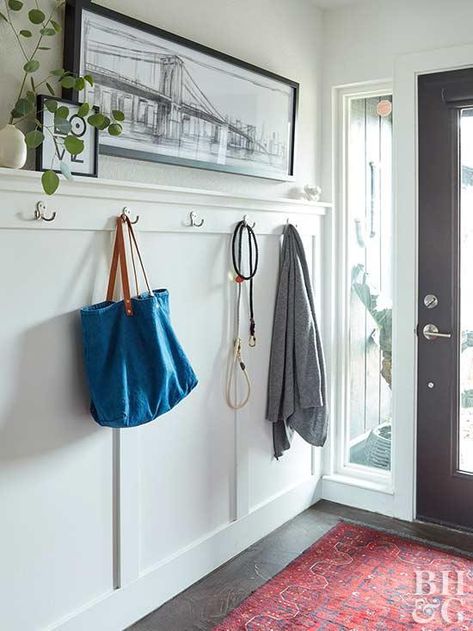 See how a bland 1,200-square-foot home transformed into a modern oasis, indoors and out. Board And Batten Hooks, Home Decor Ideas Gray, Entry Coat Hooks, Mudroom Shelf, Coat Hooks Hallway, Hallway Decor Ideas, Entrance Room, Entryway Coat Hooks, Industrial Office Decor