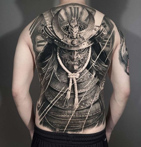 Samurai back tattoo by Shay Bredimus, an artist at The Raven and The Wolves in Long Beach, California. Samurai Back Tattoo, Japanese Warrior Tattoo, Samurai Warrior Tattoo, Backpiece Tattoo, Cool Back Tattoos, Samurai Tattoo Design, Saved Tattoo, Back Piece Tattoo, Tattoo Inspiration Men