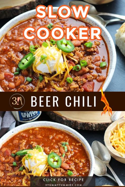 This Slow Cooker Beer Chili is easily made with ground beef or turkey. A bottle of your favorite beer gets added with pinto beans, onion, tomato, jalapeno pepper and spices. This recipe is perfect for game day entertaining. Slow Cooker Beef Chili Recipe, Beer Chili Recipe, Pork Chili Recipe, Slow Cooker Chili Beef, Beer Chili, Slow Cooker Chili Recipe, Beef Chili Recipe, Jalapeno Pepper, Chili Recipe Crockpot