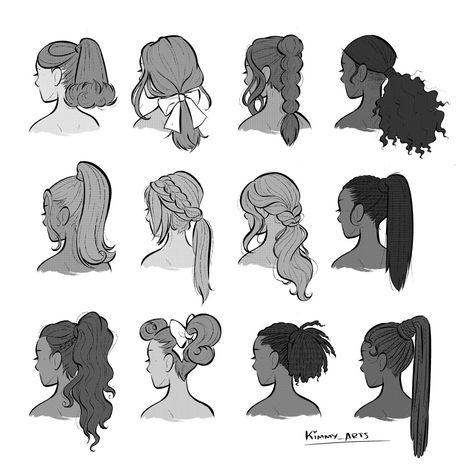 Twists Hair Drawing Reference, Cartoon Ponytail Drawing, Womens Hair Drawing Reference, Ponytail Hairstyle Drawing Reference, How To Draw Curly Ponytail, Side Part Drawing Hair, Side Ponytail Drawing Reference, Ponytail Back View Drawing, Hairstyles For Women Drawing Reference