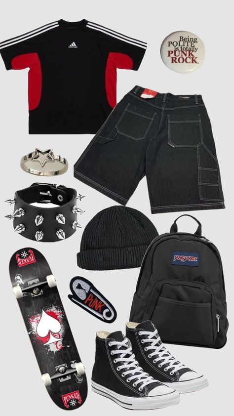 Sk8r #punk #cool #skate #outfitinspo #red #black #outfit #inspo #vintage #90s #adidas #beanie #spikes Edgy Punk Aesthetic, Skate Punk Outfit, Outfit Inspo Vintage, Red Black Outfit, Skate Outfit, Adidas Beanie, Skate Punk, Styled Outfits, Slay Outfits