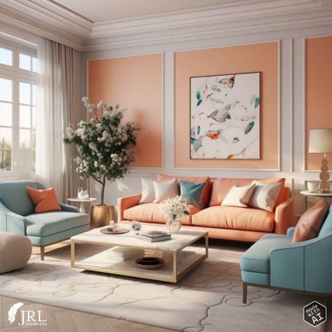 peach living room with blue accents Peach Color Walls Living Room, Grey And Peach Sofa, Peach Wall Art Living Room, Navy And Peach Living Room, Living Room Peach Walls, Peach And Teal Living Room, Peach Living Room Ideas, Peach Playroom, Apricot Living Room