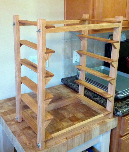 sheet pan rack: critique / suggest improvements? - by Mark @ LumberJocks.com ~ woodworking community Diy Pan Rack, Cookie Drying Rack Diy, Diy Sheet Pan Rack, Diy Cookie Sheet Organizer, Diy Cookie Sheet Storage, Pan Storage Rack, Diy Baking Sheet Organizer, Diy Baking Pan Organizer, Baking Station