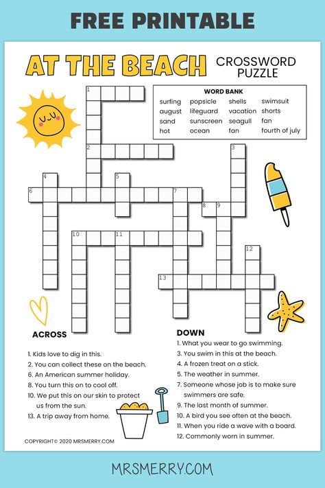 This beach themed challenging brain buster is a great way to keep those little brains active, even at the beach! Figure out these 15 beach themed items in this summer crossword puzzle.  #printablecrosswordpuzzles #kidscrosswordpuzzles #crosswordforkids #puzzleswithanswers #activityforkids #ideasforthekids #kidsschoolideas #teachingkids #printableskidsactivities #freekidsprintables #wordsearchforkids #mrsmerry Easy Crossword Puzzles Printable, Summer Crossword Puzzle, Summer Crossword, Word Puzzles Printable, Kids Crossword Puzzles, Free Printable Crossword Puzzles, Word Puzzles For Kids, Puzzles Printable, Summer Puzzle