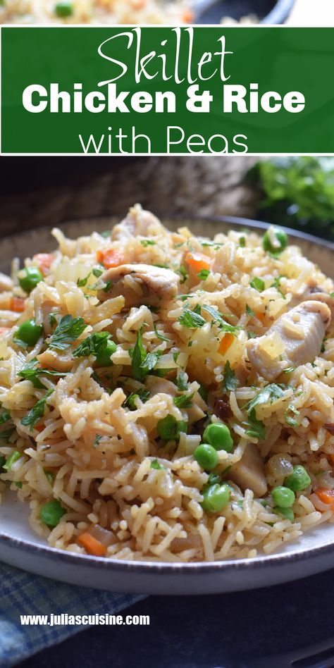 Skillet Chicken & Rice with Peas Chicken Rice Peas And Carrots, Chicken Rice Peas Casserole, Chicken And Peas Recipes, Chicken And Rice Skillet Recipes, Dinner With Peas, Chicken Rice Recipes Easy, Chicken Rice Peas, Chicken And Rice Pilaf, Chicken Rice And Veggies