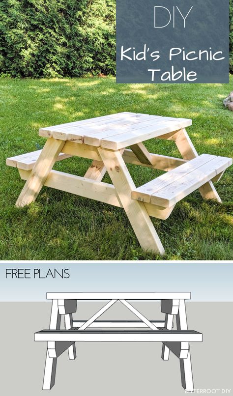 Diy Kids Picnic Table, Kids Picnic Table Plans, Pallet Bank, Diy Kids Table, Diy Picnic Table, Picnic Table Plans, Kids Picnic Table, Kids Picnic, Free Plans