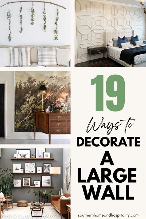 Stuck on what to hang on those big bare walls? These 19 best ways to decorate a large wall will solve this common decorating problem. Great large wall decor ideas and tips for all big wall spaces including two-story walls, stairwells, and hallways! Decor Large Wall In Living Room, Decor For Large Wall Space, Wall Space Decor, Large Wall Decor Ideas, Large Wall Decor Bedroom, Tall Wall Decor, Large Wall Decor Living Room, Stairwell Wall, Oversized Wall Decor