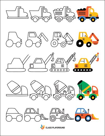 Kindergarten How To Draw, Draw With Shapes, Drawing Truck, Drawings With Shapes, Cute Truck Drawing, Drawing With Shapes For Kids, Construction Doodles, Transportation Drawing, Step By Step Cartoon Drawings