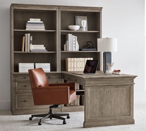 Livingston Peninsula Desk with 70" Bookcase Suite | Pottery Barn Peninsula Desk, Meranti Wood, Upholstered Desk Chair, Reclaimed Wood Desk, File Cabinet Desk, Swivel Chair Desk, Media Furniture, Glass Cabinet Doors, Modular Furniture