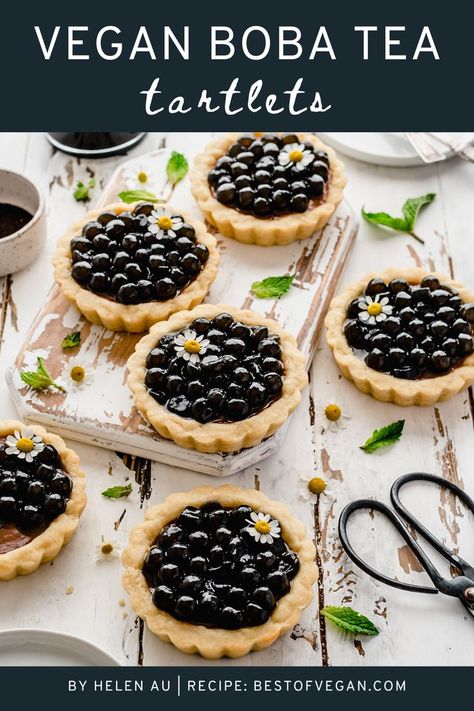 six small boba tea tartlets on a white wooden surface next to a pair of vintage scissors and some mint leaves and flowers for decoration. Vegan Boba, Vegan Pie Crust, Boba Pearls, Vegan Pie, Custard Filling, New Cookbooks, Vegan Dessert Recipes, Vegan Condiments, Boba Tea