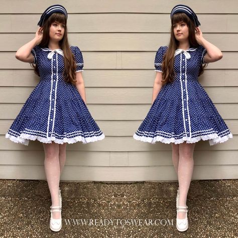 Throwback Post: Sailor Lolita Dress (Otome No Sewing Pattern Review) | Ready-to-Swear Sailor Dress Pattern, Otome No Sewing, Japanese Sewing, Coordinating Outfits, Sailor Dress, Sewing Book, Polka Dot Fabric, Dress Sewing Pattern, Dotted Fabric