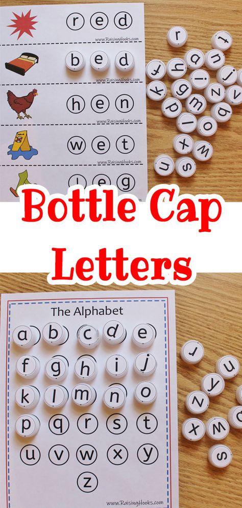 My daughter loves these Bottle Cap Letters. They are hands on, great for fine motor, letter recognition, letter sounds and learning to spell. A wonderful resource for learning the alphabet! Simply print them on sticker paper. #raisinghooks #homeschool #kids #alphabet #homeschooling #activities #activitiesforkids #learningresources #teaching #teachingresources Learning To Spell, English Games For Kids, Teaching Letter Recognition, Homeschooling Activities, Letter Recognition Activities, Kids Alphabet, Learn To Spell, English Games, Teaching Letters