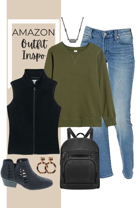 Amazon outfit inspiration includes black vest, olive green crew neck sweatshirt, jeans, backpack purse, neutral earrings, criss-cross black booties, and Kendra Scott necklace. Outfit idea, outfit inspiration, casual outfit, everyday outfit, winter fit, casual fit #casualoutfit #casualfit #outfitidea #outfitinspiration #outfitinspo #amazonfashion #amazonfinds #outfitideas #casualoutfitidea Olive Green Sweatshirt Outfit, Kendra Scott Necklace Outfit, Green Sweatshirt Outfit, Sweatshirt Outfit Winter, Neutral Earrings, Kendra Scott Necklace, Winter Fit, Green Sweatshirt, Sweatshirt Outfit