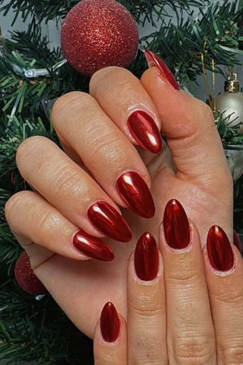 Chrome Over Red Nails, Chrome Red Christmas Nails, Chrome Red Nails Designs, Red Chrome Nails Almond, Dark Red Chrome Nails, Red Chrome Nails Designs, Chrome Red Nails, Red Velvet Nails, Lexi Nails