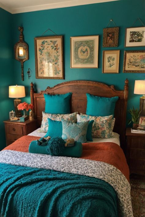 Discover the secret to creating a relaxing bedroom retreat with expert tips on selecting the perfect calming colors. Explore now!
#ad  


#Colortrend
#wallpaint2024
 #color2024
 #DIYpainting
 ##DIYhomedecor
 #Fixhome Bedroom Turquoise Walls, Dark Turquoise Room, Teal Walls Bedroom, Dark Turquoise Bedroom, Boho Vintage Bedroom, Teal Boho Bedroom, Rust Bedroom, Dark Green Home, Turquoise Bedroom