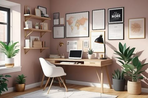 Inspiration Nook Flat Vector Illustration of Cozy Home Office with Vision Boards and Motivation Pink Office Ideas, Girly Office Space, Womens Home Office, Office Ideas For Work, Womens Home Office Ideas, Pink Home Office, Pink Office Decor, Girly Office, Modern Office Space