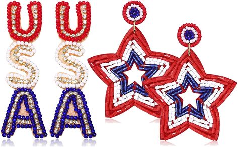 2 Pairs Fourth of July Earrings American Flag Patriotic Earrings for Women Beaded Star USA Tassel Drop Dangle Earrings 4th of July Independence Day Holiday Gifts Fourth Of July Earrings, Flag Earrings, Patriotic Earrings, Polka Dot Earrings, Beaded Star, July Outfits, Letter Earrings, Best Summer Dresses, Patriotic Stars