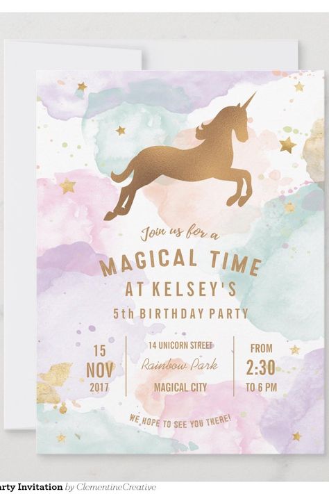 Unicorn Birthday Party Invitation Unicorn 4th Birthday Party, 3rd Birthday Girl, Rainbow Park, Unicorn Birthday Party Invitation, Magical Birthday, Unicorn Birthday Party, Unicorn Birthday Parties, 4th Birthday Parties, Unicorn Party