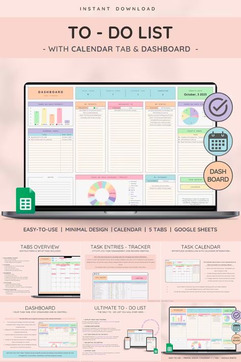 Experience ultimate productivity with SerenatasEssentials' To-Do List & Task Tracker. Manage daily, weekly, and monthly tasks effortlessly. This versatile planner lets you track deadlines, prioritize tasks, and gain insights into your productivity. With customizable setup, a calendar view, and a dashboard for easy visualization, this tool is perfect for professionals, students, and busy parents. Say goodbye to chaos and hello to an organized, efficient life. Get started now! 🚀 Task Calendar, Life Tracker, Spreadsheet Design, Monthly Tasks, Excel Budget Spreadsheet, Visual Management, Monthly Organization, Task Tracker, Planner Apps