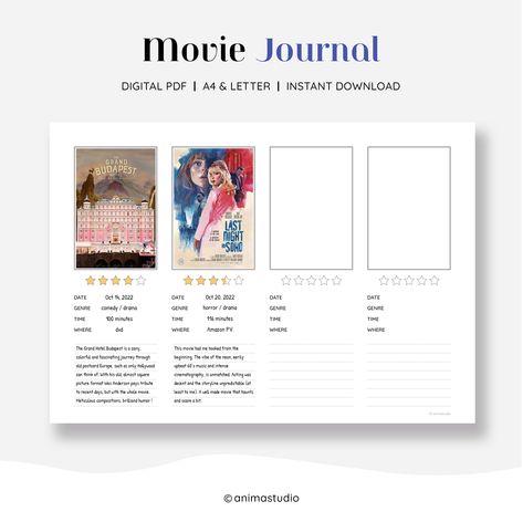 Movie Reviews Template, Movie Digital Journal, Movie Log Journal, Movie Review Journal Template, Movie Diary App, Digital Film Journal, Movie Journal Digital, Movie Review Template Instagram, Anime Review Journal