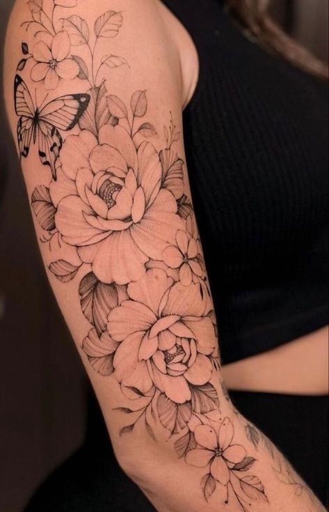 Dresses And Tattoos, Women’s Upper Arm Tattoo, Butterfly Tattoo Upper Arm, Woman Tattoo Sleeve, Floral Half Sleeve Tattoo, Half Sleeve Tattoo Upper Arm, Tattoo Upper Arm, Feminine Shoulder Tattoos, Butterfly With Flowers Tattoo