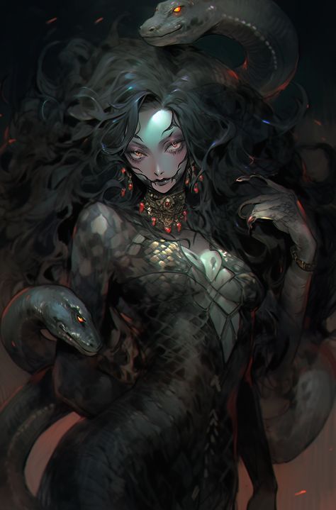 Naga Character Design Female, Snake Lady Character Design, Female Yuan Ti, Yuanti Pureblood, Yuan Ti Character Art, Yuan-ti Pureblood Female, Dnd Yuan Ti, Yuan Ti Pureblood, Medusa Pictures