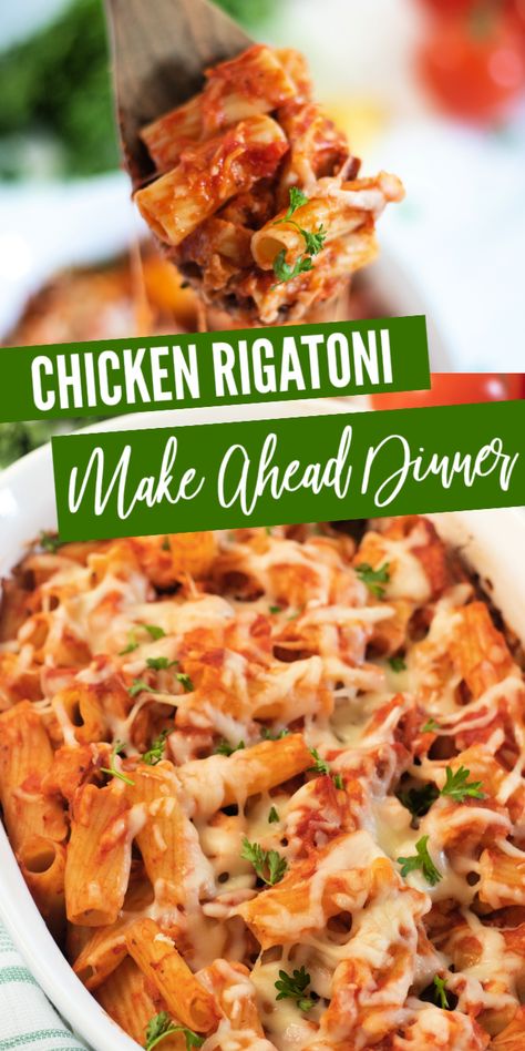 Make ahead chicken rigatoni is a delicious and easy dinner you can make any night of the week. Give this chicken pasta dish a try for dinner. #chicken #Pasta #rigatoni #passion4savings #recipe #dinner #makeahead #pastachicken #chickenpasta #redsauce #mealplan Chicken Rigatoni Recipes Baked, Rigatoni Chicken Pasta, Easy Make Ahead Pasta Dishes, Rigatoni Recipes Chicken, Make Ahead Chicken Pasta Bake, Chicken Rigatoni Pasta Recipes, Canned Chicken Pasta Recipes, Chicken Rigatoni Recipes, Make Ahead Pasta Dishes