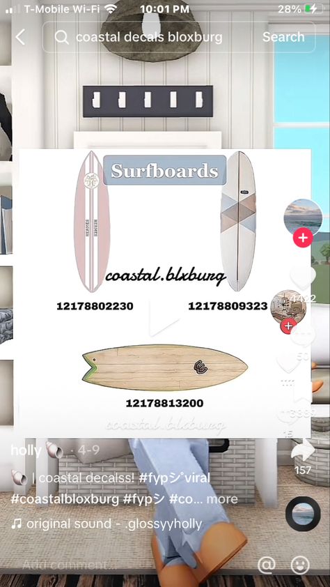 Bloxburg Beach House Painting Codes, Surf Bored Decal Bloxburg, Coastal Bloxburg Carpet Decals, Coastal Mirror Codes Bloxburg, Bloxburg Beach Wallpaper Codes, Bloxburg Decals Codes Surfboard, Bloxburg House Ideas Coastal Layout, Costal Decals Bloxburg Surfboard, Coastal Pantry Bloxburg