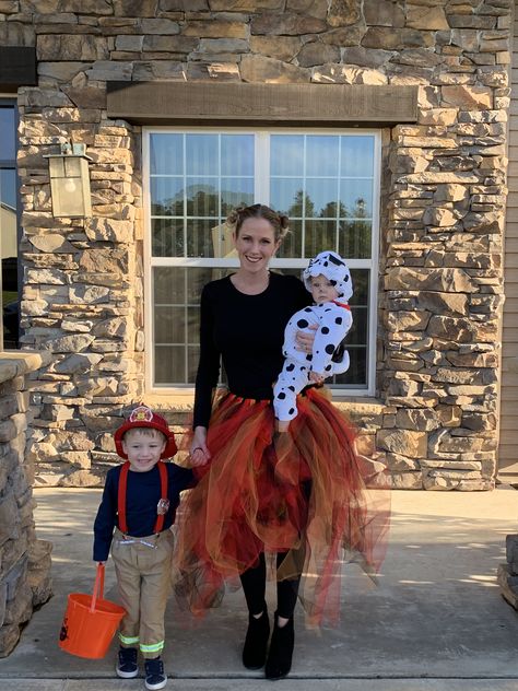 Family Firemen Halloween Costumes, Family Halloween Firefighter, Womens Fire Costume, Firefighter Family Costume Ideas, Toddler Firefighter Costume Diy, Fire Family Costume, Family Halloween Costumes Fire Fighter, Firefighter Family Halloween Costume, Fireman Family Costume