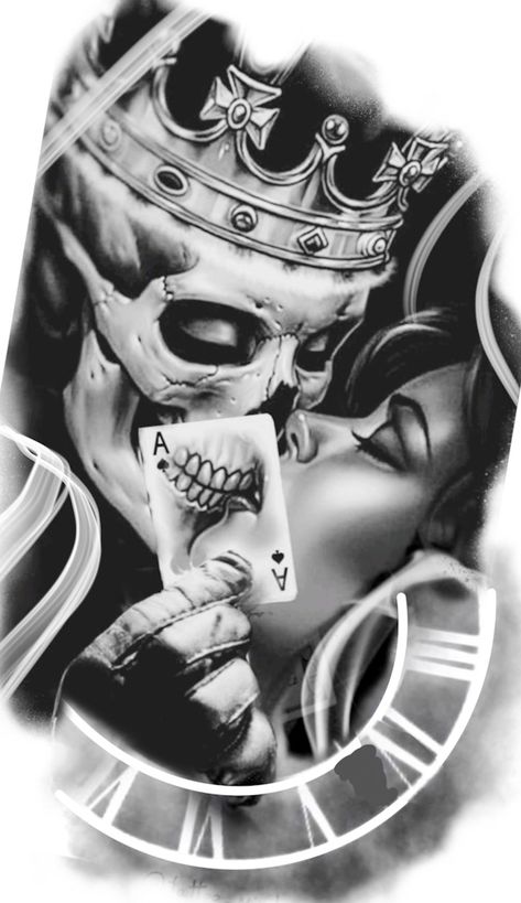 Half Woman Half Skull Tattoo Design, Boog Tattoo Art, King And Queen Skull Tattoo, Half Woman Half Skull Tattoo, Chicano Tattoos Men, Marionette Tattoo, Boog Tattoo, Og Abel Art, Gangster Art