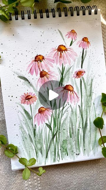 Cone Flowers Painting, Watercolor Cone Flowers, Cone Flowers Watercolor, Watercolor Painting Videos, How To Watercolor Flowers, Water Colour Flower Paintings, How To Paint Watercolor Flowers, Watercolor Coneflower, Watercolor Postcards Ideas