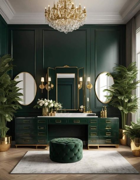 Dark Green Bathrooms Ideas, Emerald Green Bathrooms, Green And Gold Interior Design, Gold And Green Bathroom, Emerald Green And Gold Bathroom, Emerald Bathroom, Emerald Green Bathroom, Green Salon, Gold Interior Design