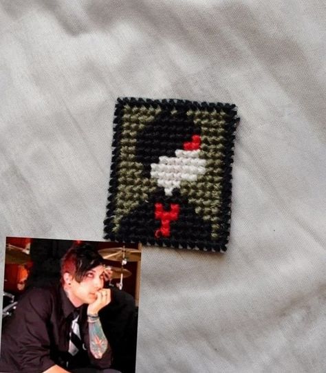 #Crossstitch #Cross_stitch_Frenk_Iero #Cross_stitch_mcr #mcr Mcr Cross Stitch, Band Cross Stitch, Craft Stuff, My Chemical Romance, Plastic Canvas, A Pattern, Macrame, Cross Stitch, Sense