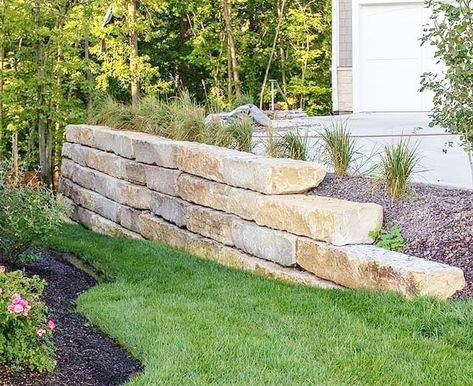 Natural Stone Retaining Wall, Backyard Retaining Walls, Landscaping On A Hill, Sloped Yard, Raised Patio, Small Front Yard Landscaping, Landscaping Retaining Walls, Garden On A Hill, Porch Garden